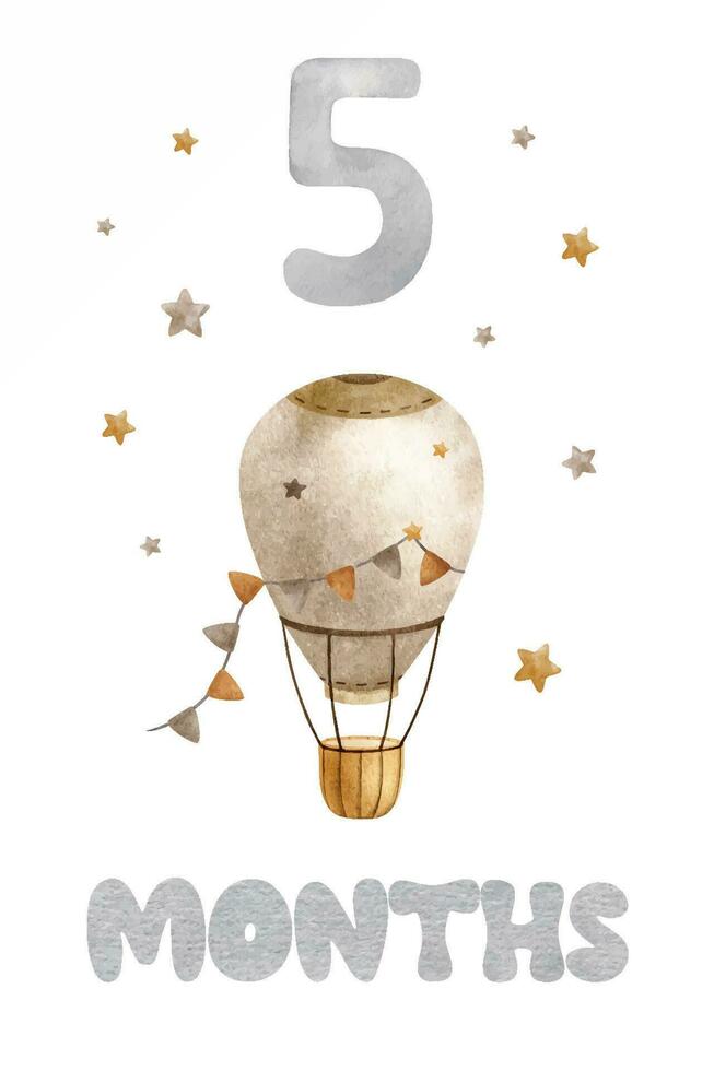 Baby Milestone Card with Beige Hot Air Balloon, clouds and stars. Baby's five month. Five month of baby. Monthly numbers cards. Newborn month postcard. Card for kids' photos. vector