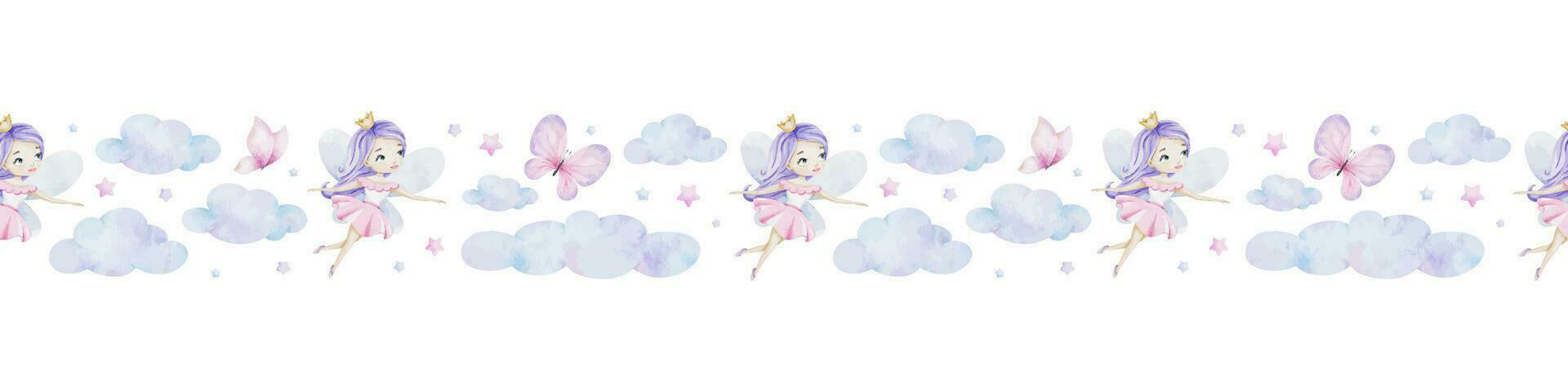 Cute little fairy with magic wand, stars, clouds and butterflies. Watercolor seamless border for children's goods, clothes, postcards, baby shower and nursery, fabric vector