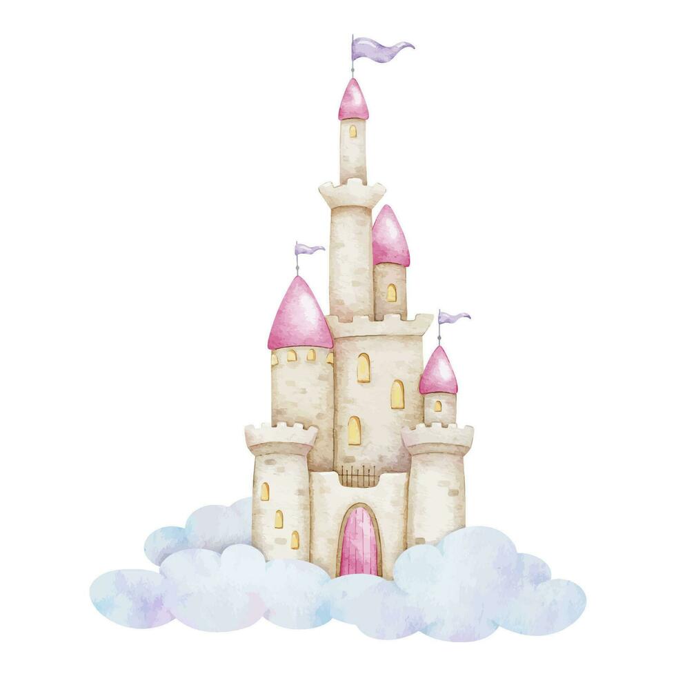 Cute fairy tale castle for a princess in clouds. Kingdom with towers, pink roofs and flags. Isolated watercolor illustration for decoration of children's rooms, baby shower, postcards, invitations vector