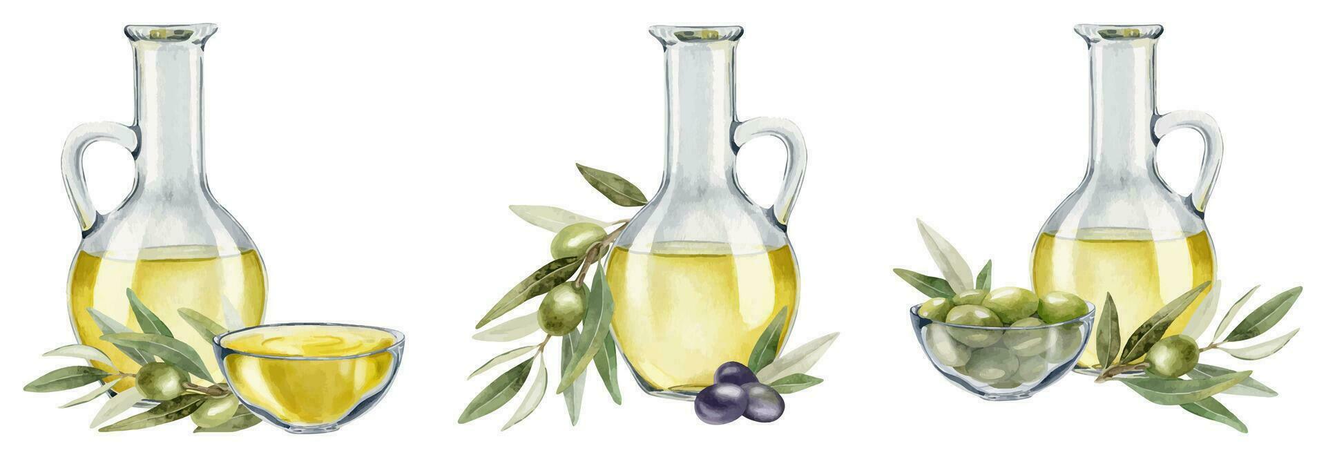 Set of Bottles of olive oil, olive branches, leaves and fruits. Fresh organic extra virgin olive oil. Glass jug with oil. Watercolor hand drawn illustration. For menu, packaging design vector