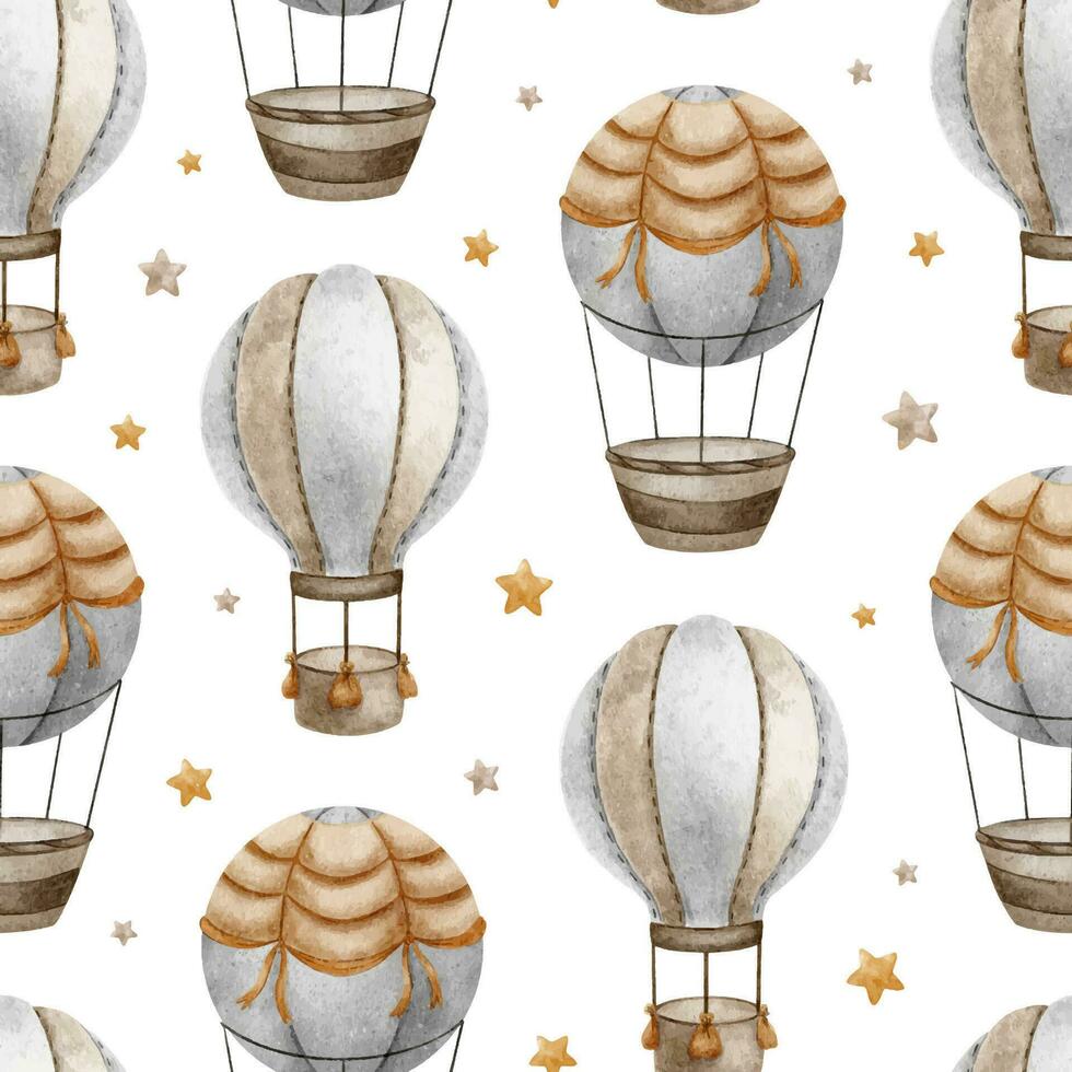 Hot Air Balloons with stars. Watercolor seamless pattern. Cute baby background. For kid's goods, clothes, children's toy, kid's shop, textile, postcards, baby shower, wallpaper and children's room vector