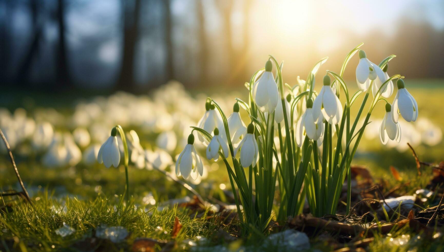 AI generated snowdrops blooming in grass with the sun shining on them photo