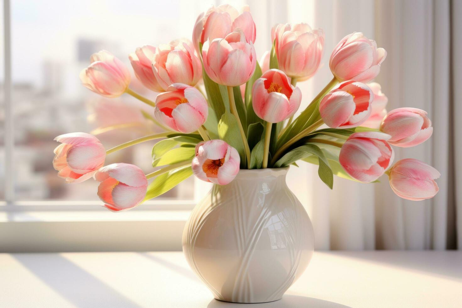 AI generated tulips in a white vase on a tabletop, photo