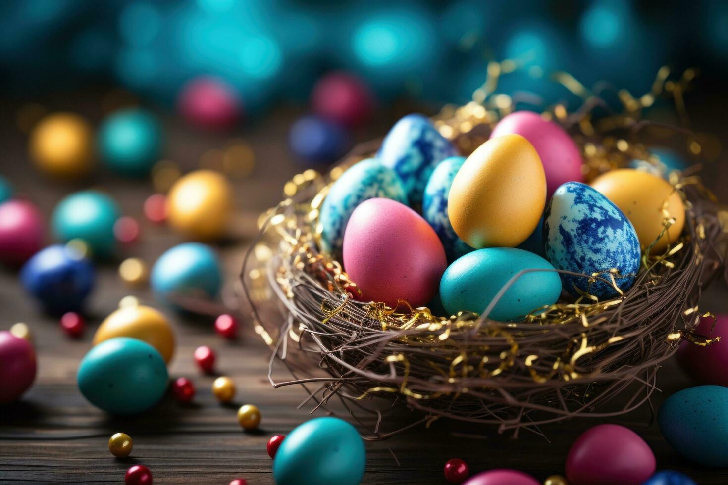 AI generated easter egg coloring with blue bokeh over wooden table and nest photo