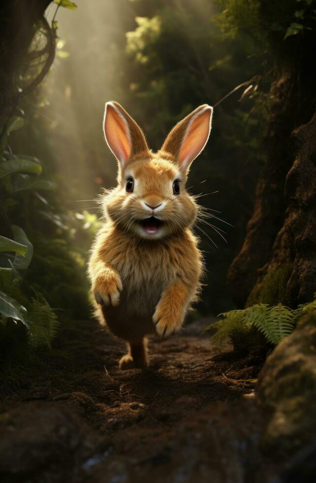 AI generated cute little rabbit running down a path in the woods, photo