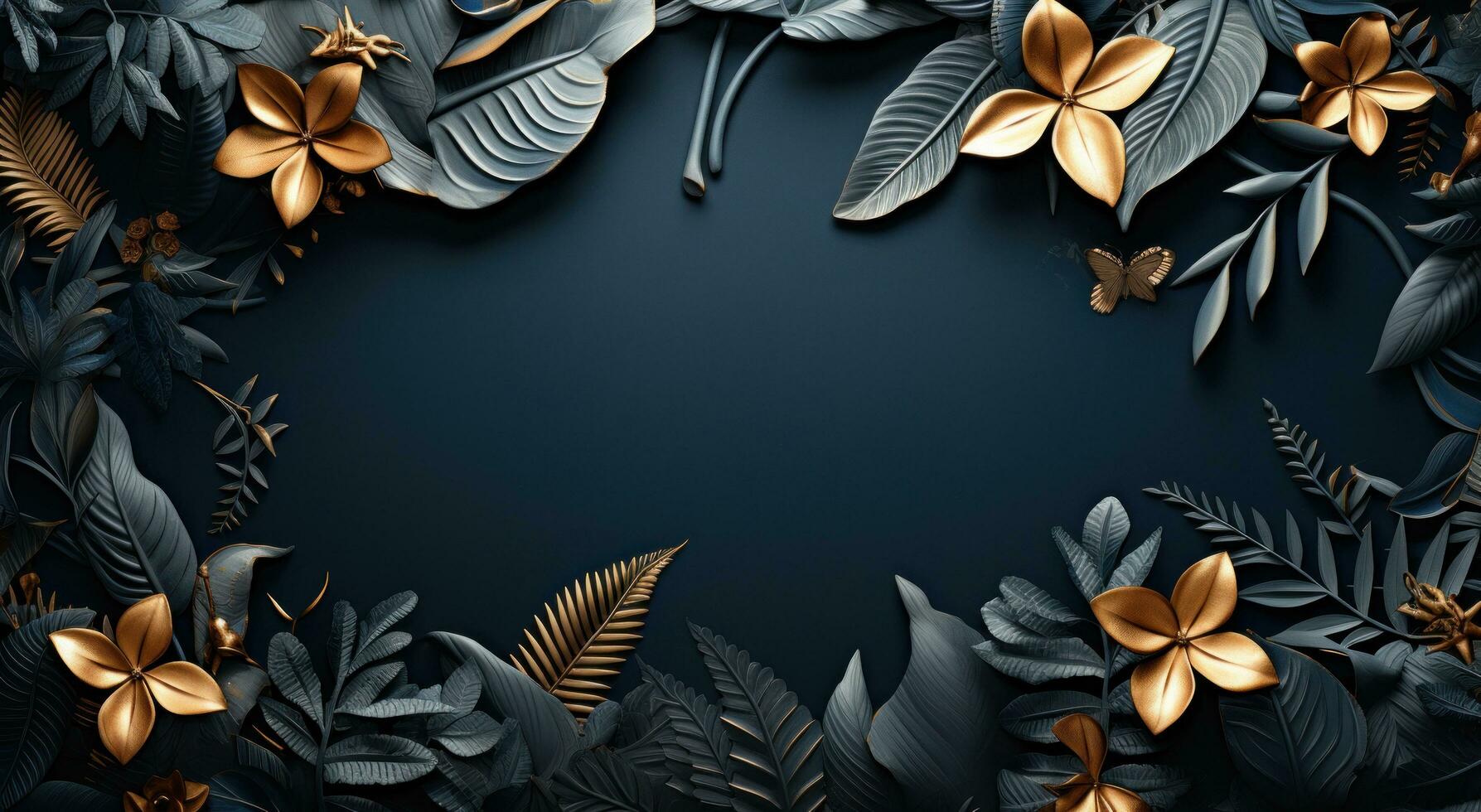 AI generated tropical frame with gold branches and leaves in blue gradient background photo