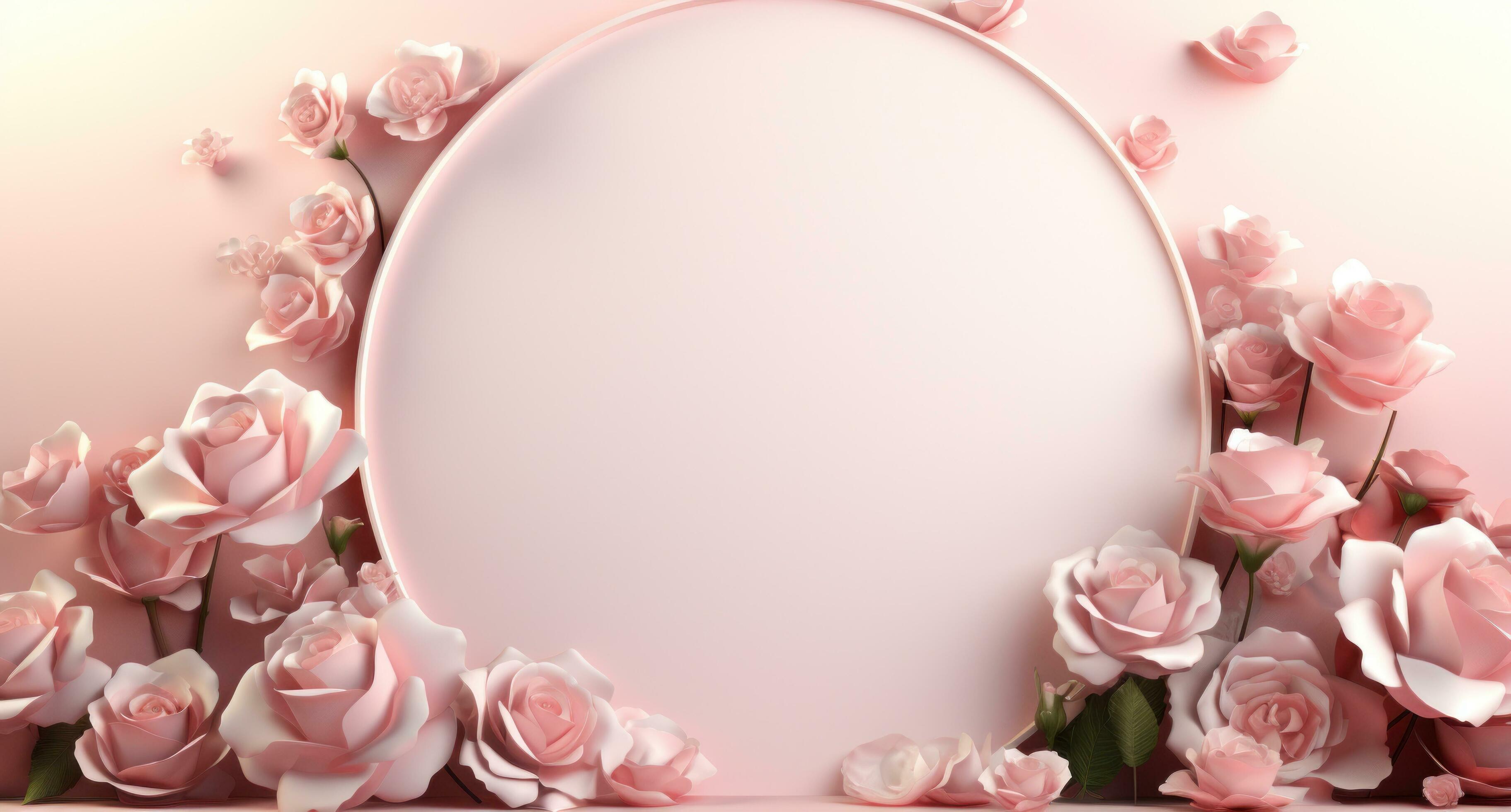 AI generated white table, frame, leaf, floating flowers and rose petals