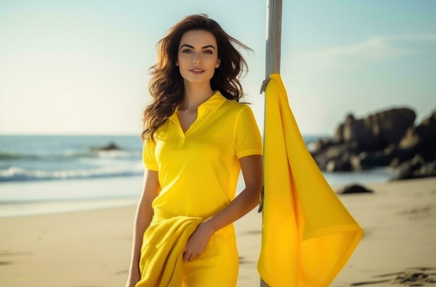 AI generated young brunette dressed in yellow standing on the beach holding a towel photo