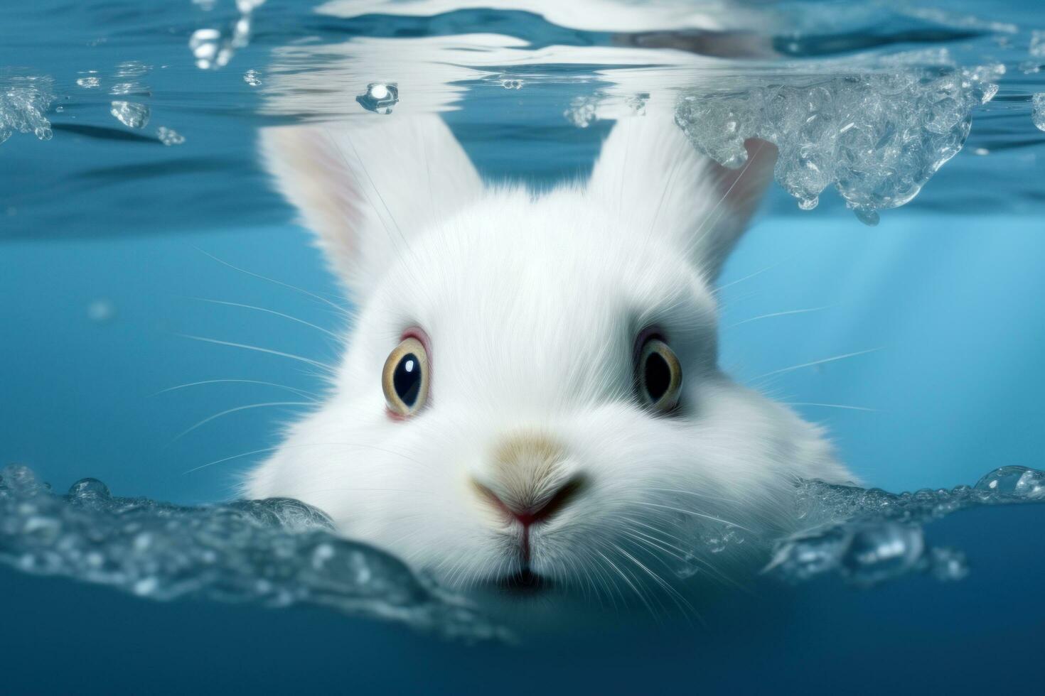 AI generated white rabbit peeking at something through a blue background photo