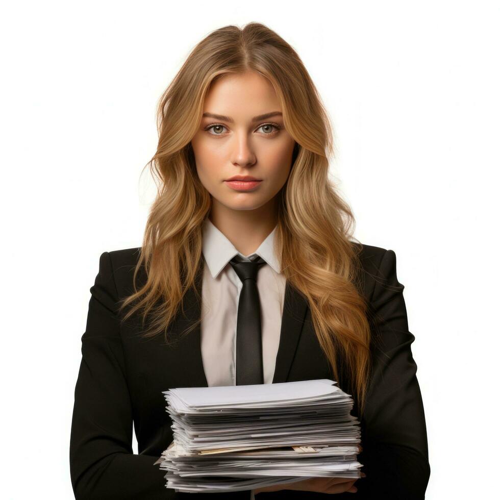 AI generated Business woman in jacket with documents in hands isolated. photo