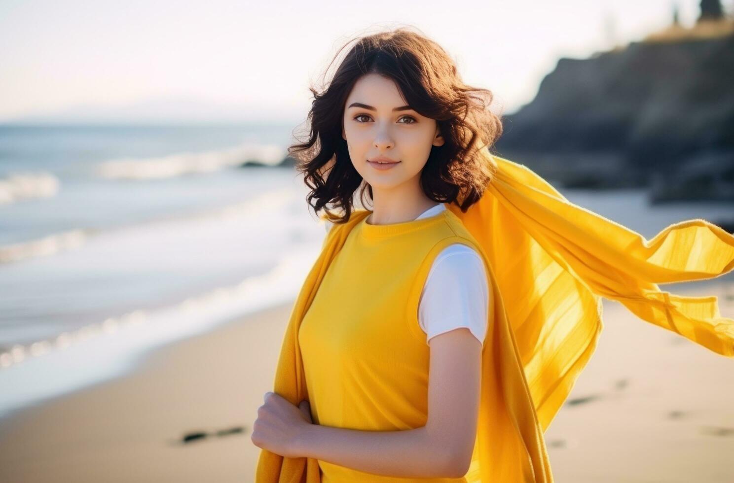 AI generated young brunette dressed in yellow standing on the beach holding a towel photo