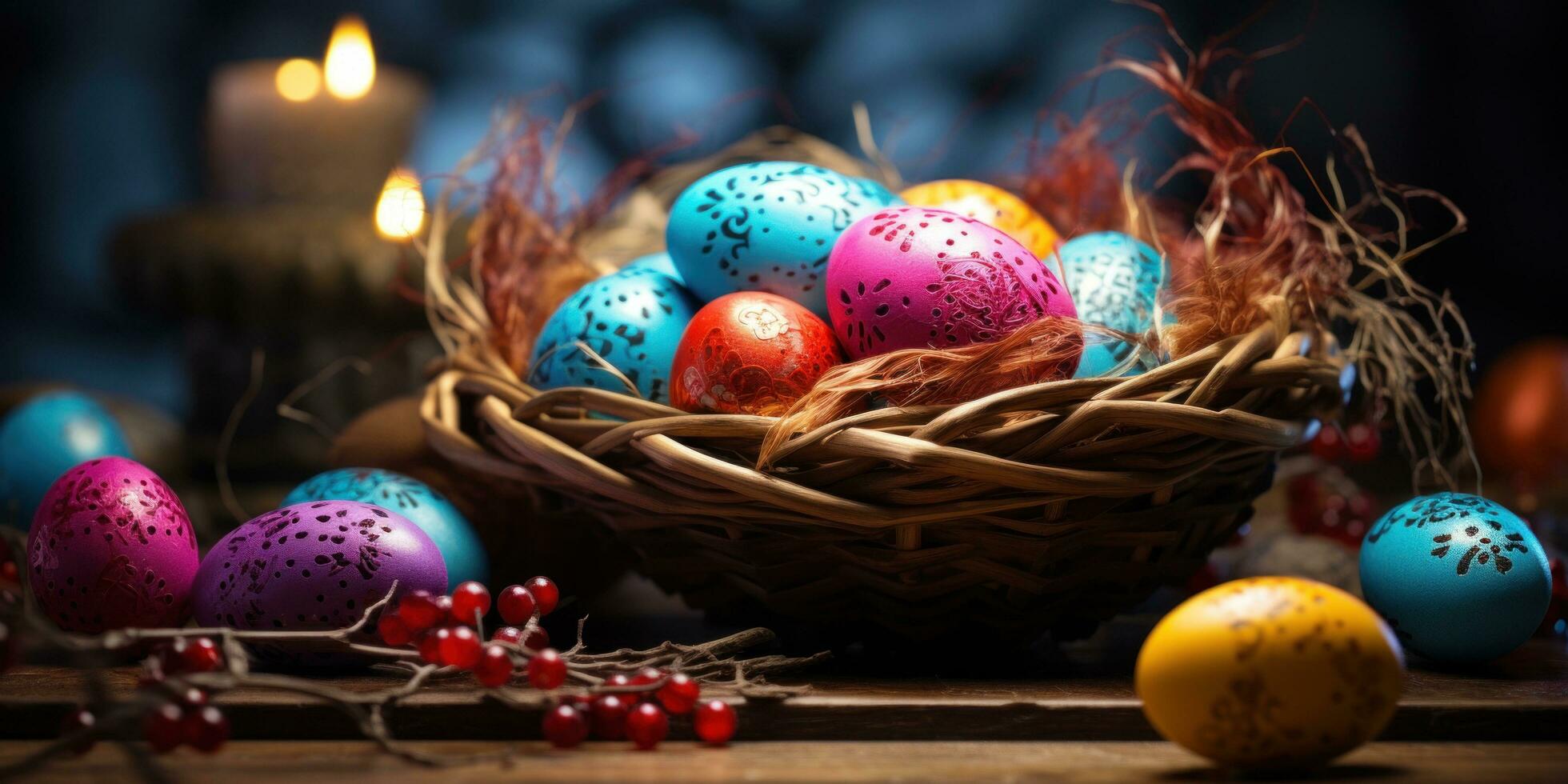 AI generated wicker basket full of colorful easter eggs on a sunny day photo