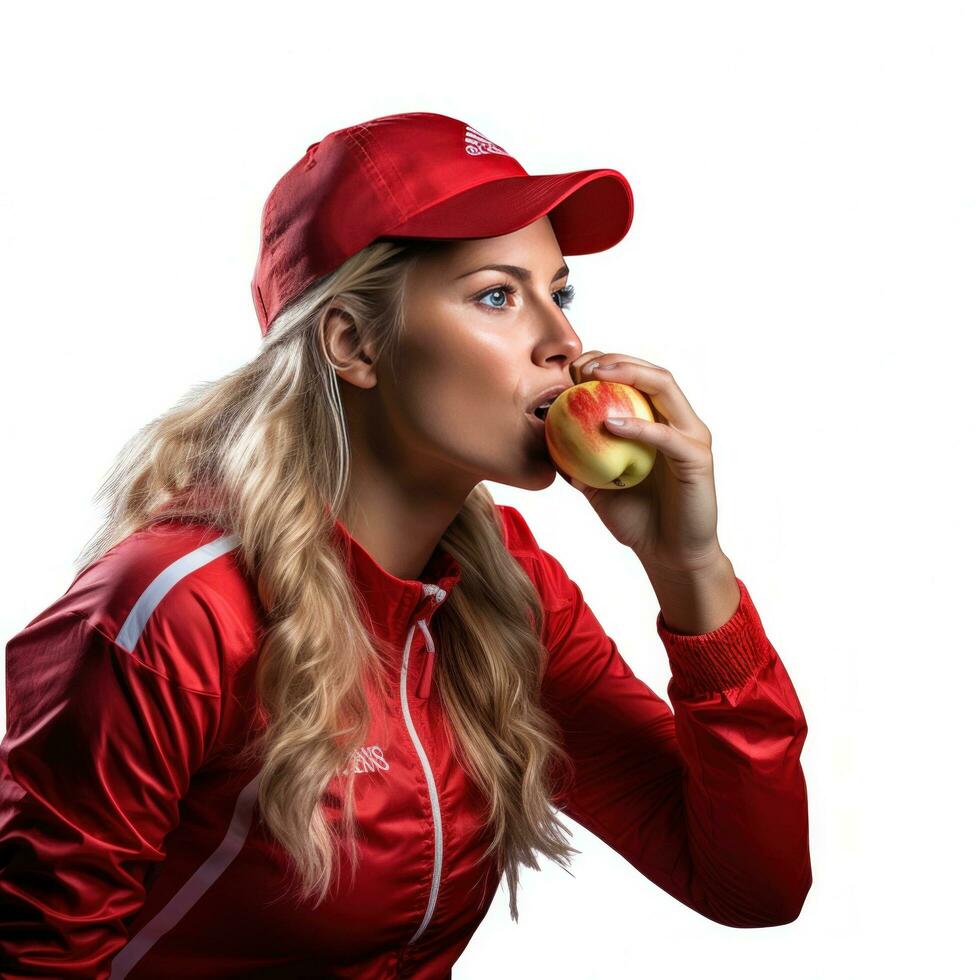 AI generated Young athletic girl eating an apple isolated photo