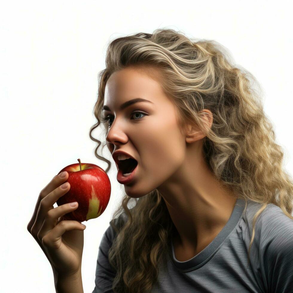 AI generated Young athletic girl eating an apple isolated photo