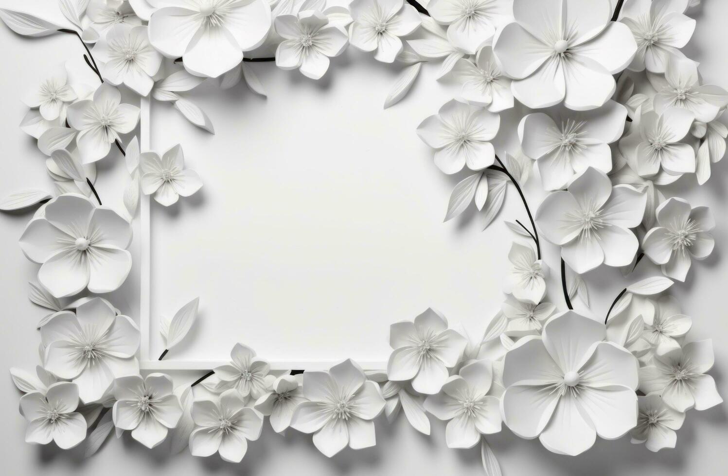 AI generated white frame of flowers with flowers on a grey background photo