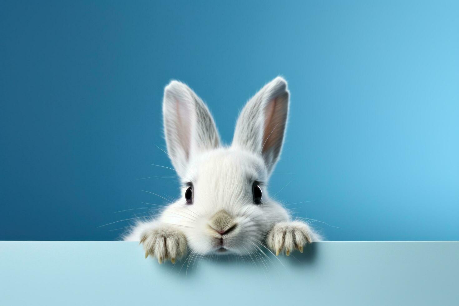 AI generated white rabbit peeking at something through a blue background photo