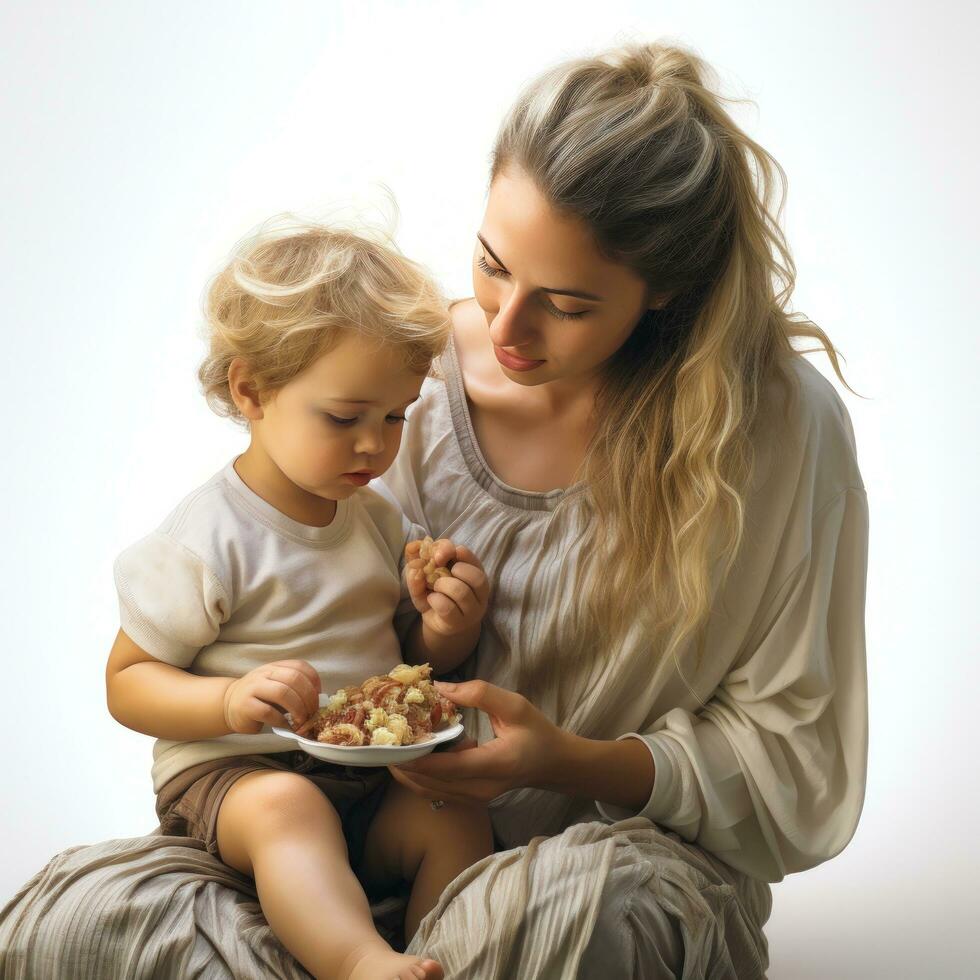 ai generado joven niña alimentación un pequeño bebé aislado foto