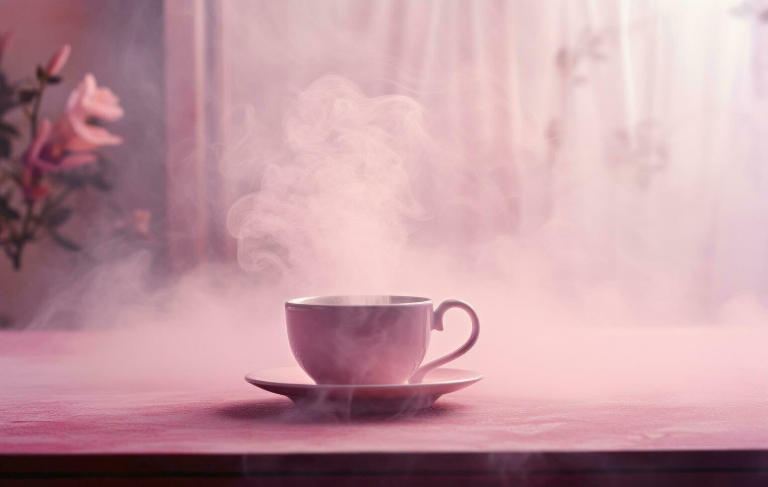 AI generated a pink cup on the table next to steam photo