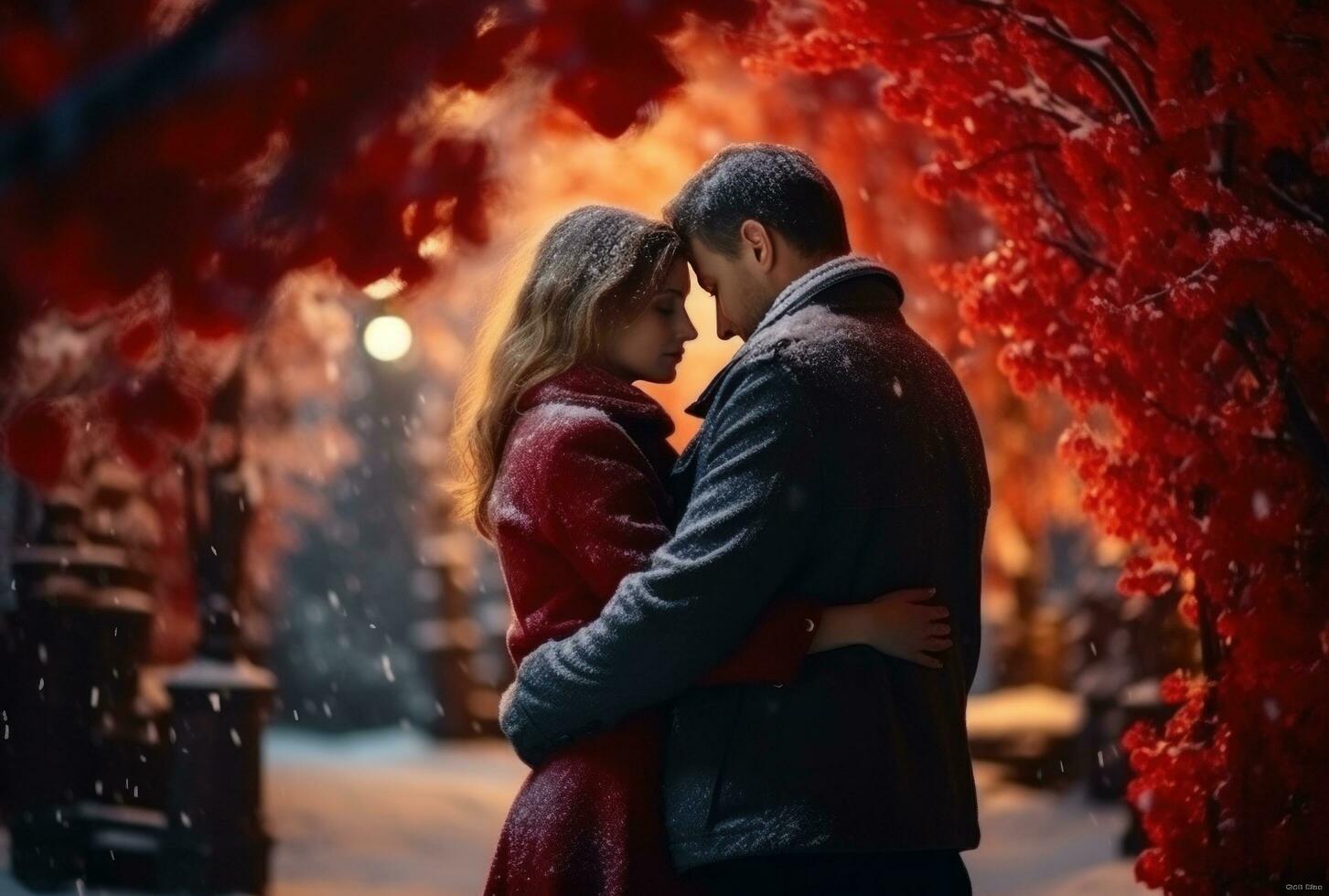 ai generado un hombre y mujer abrazando en el nieve fuera de en un otoño parque abrazo foto