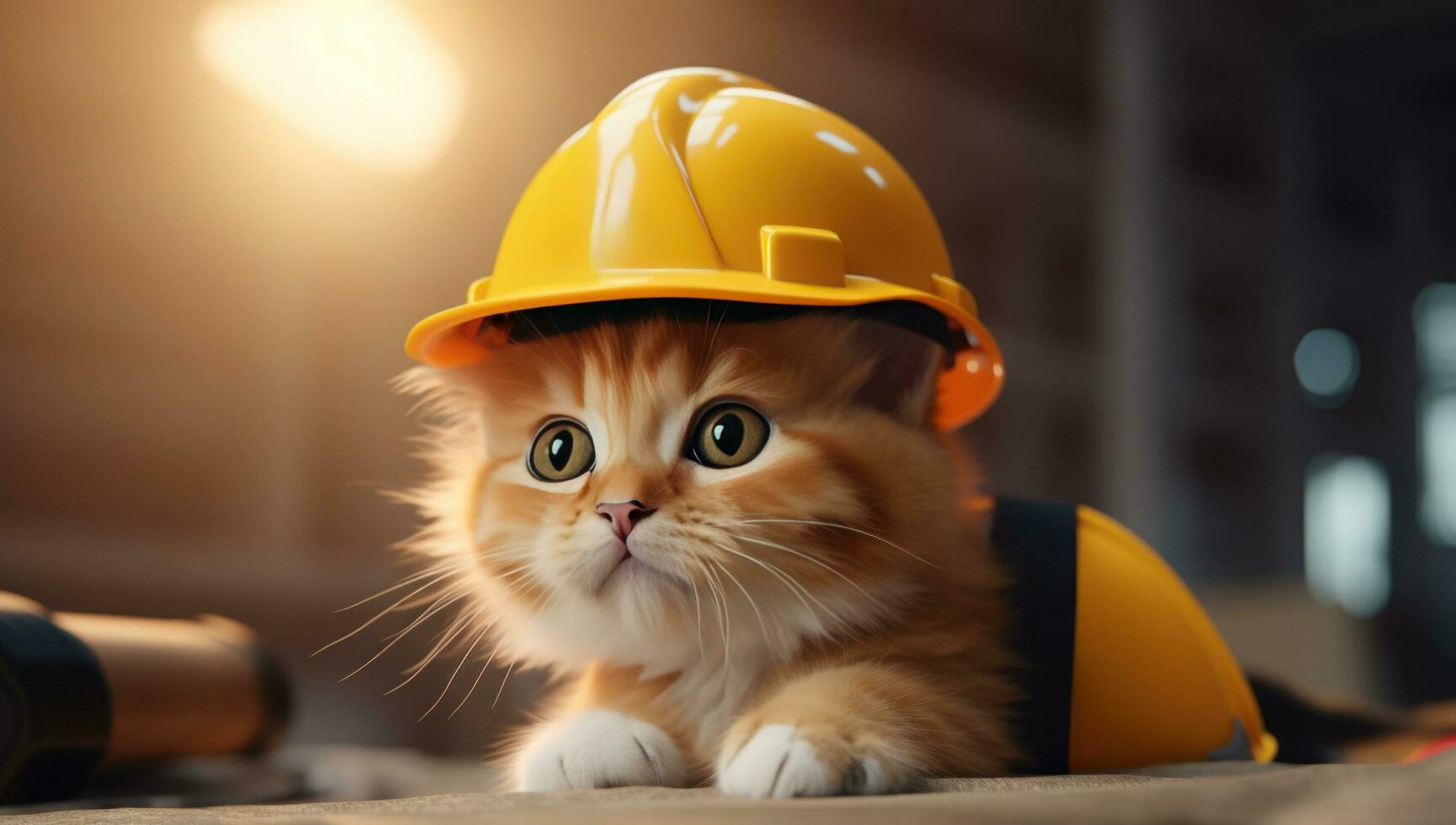 AI generated a cat wearing an orange and yellow hard hat photo