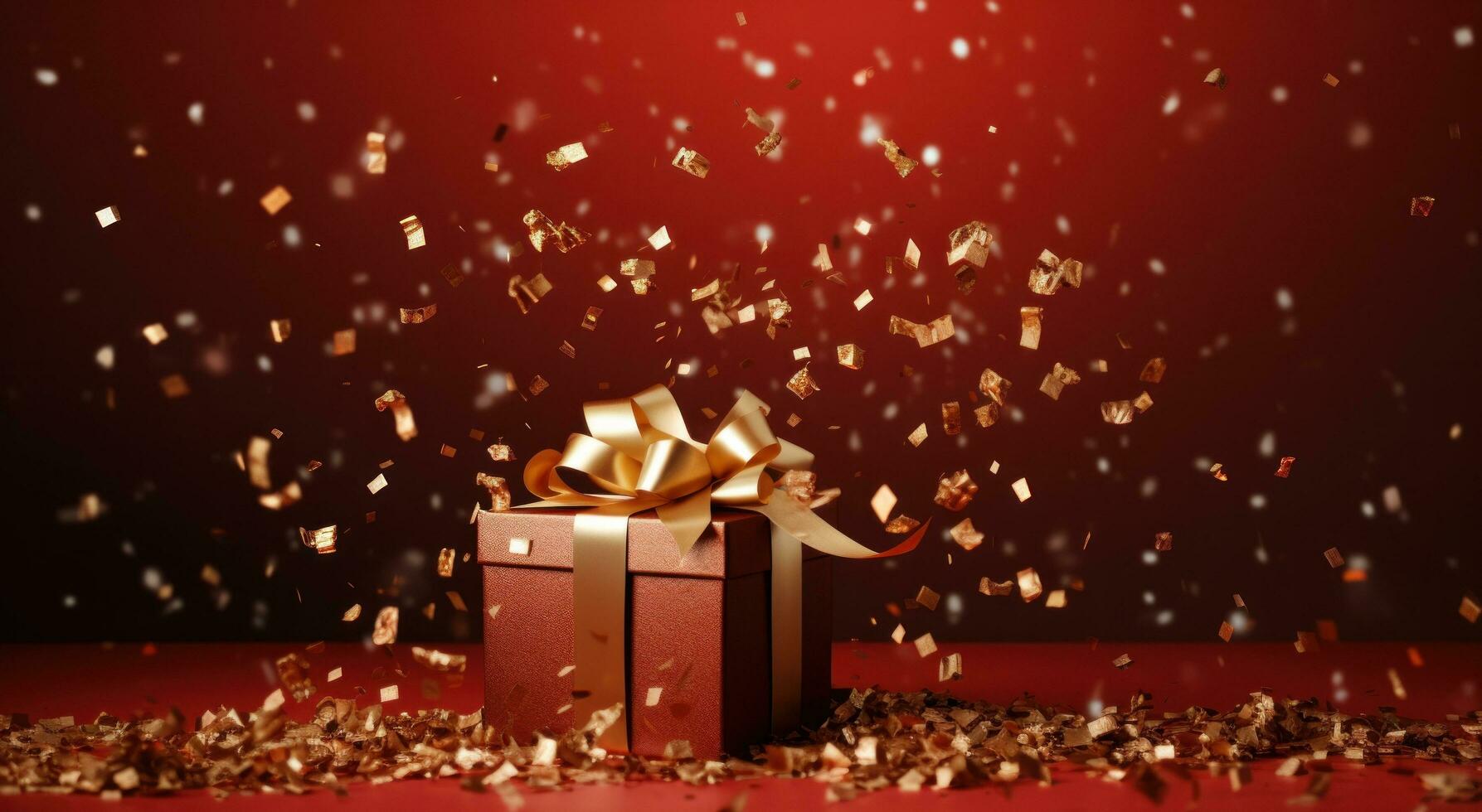 AI generated a christmas gift and confetti falling on a red background photo