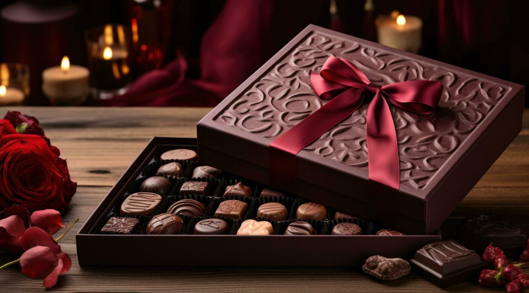 ai generado un caja lleno con chocolates y un cinta foto