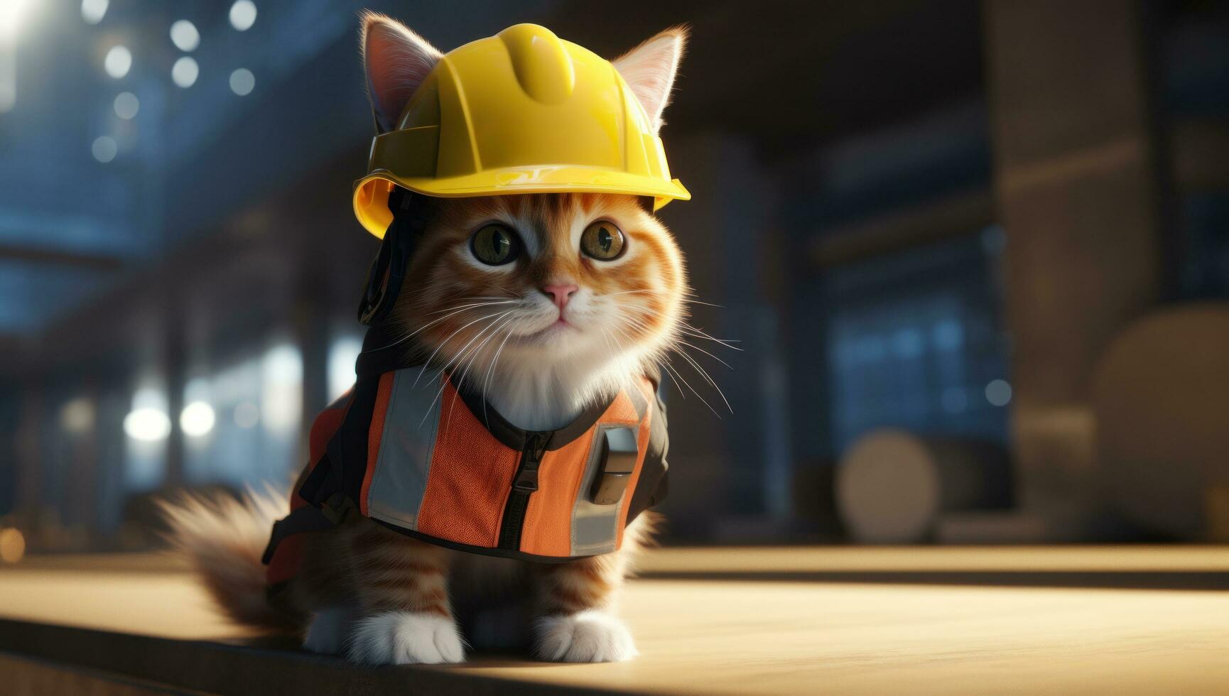 AI generated a cat wearing an orange and yellow hard hat photo