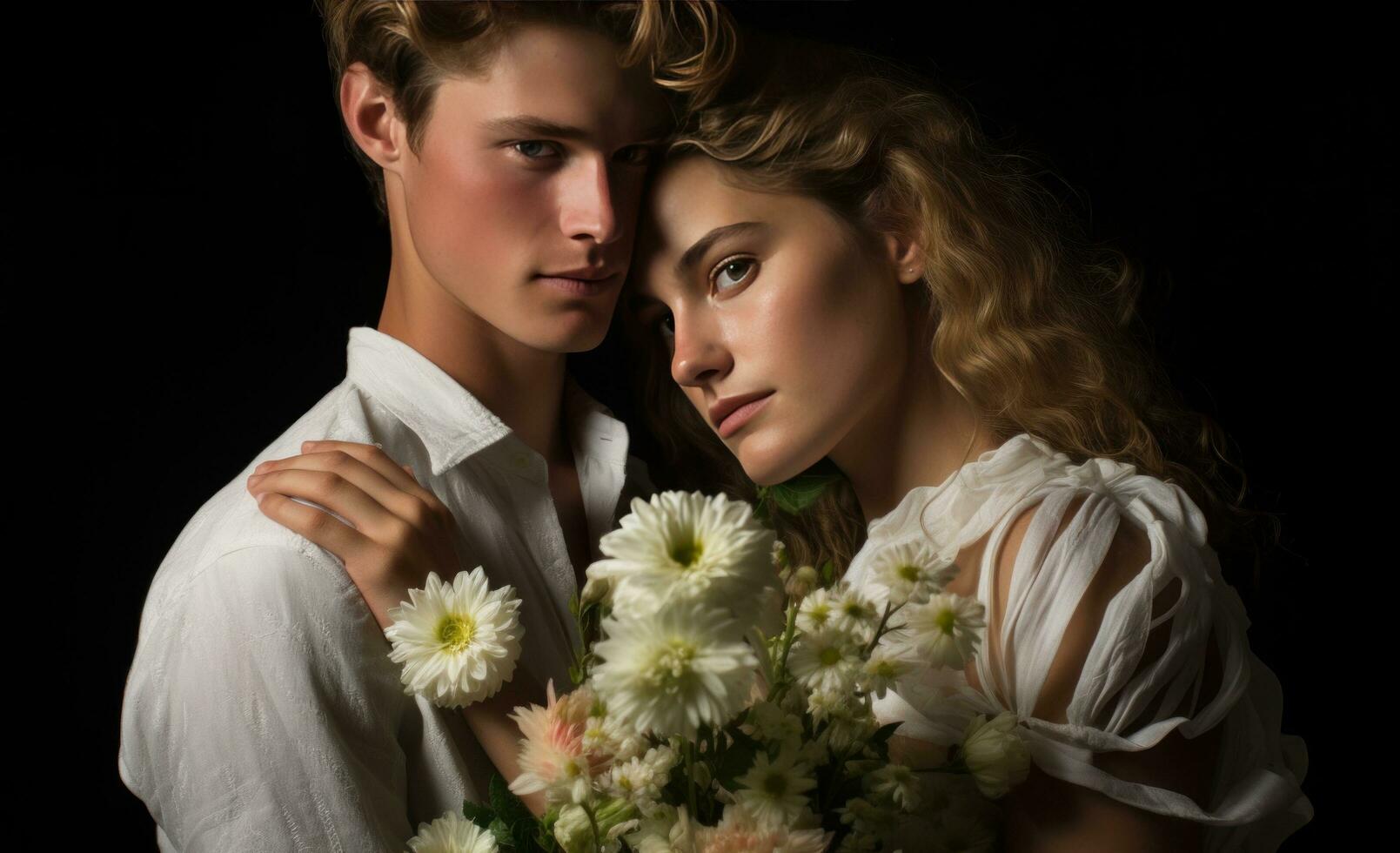 ai generado un Pareja con flores cerca cada otro, i, softbox Encendiendo foto