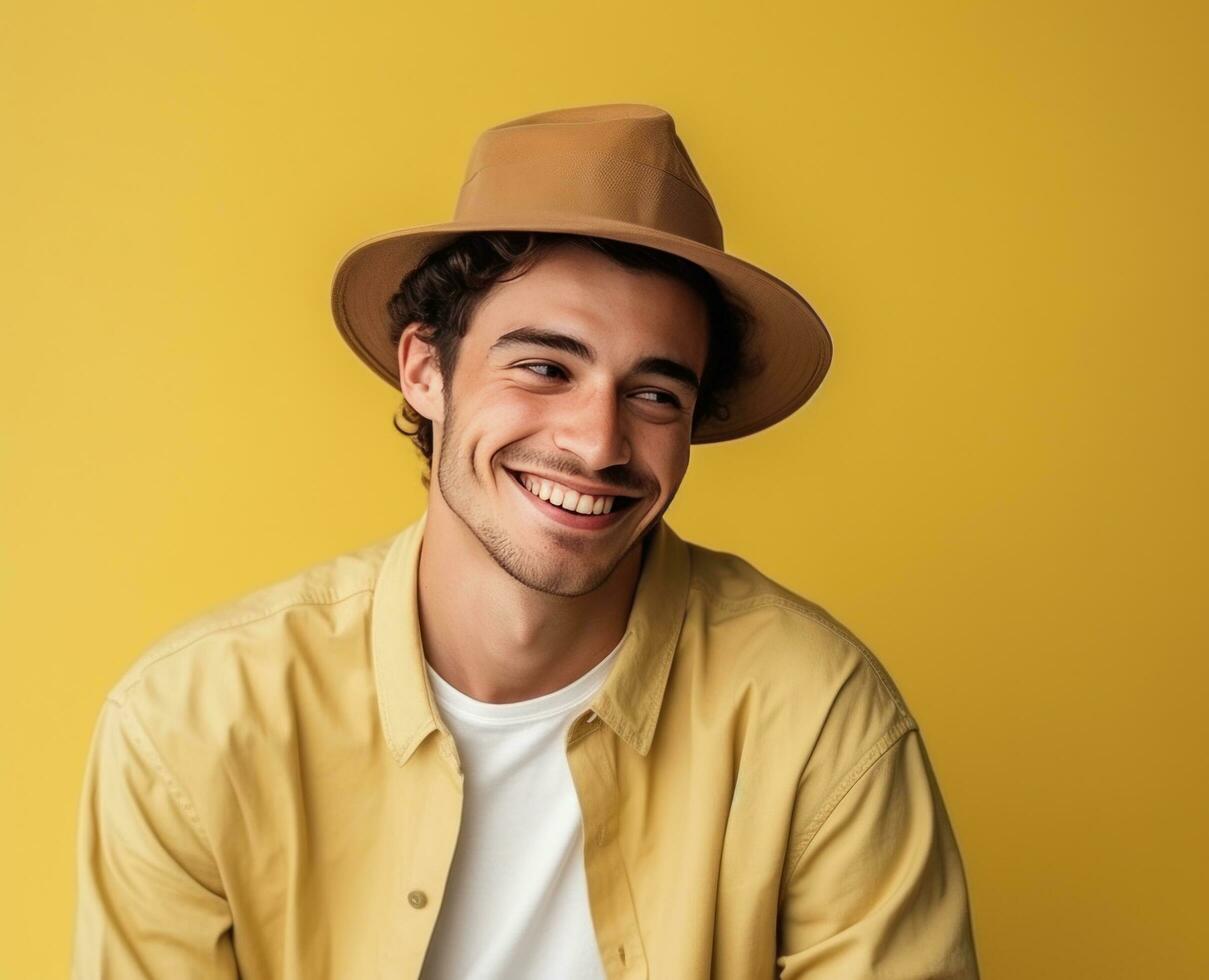 AI generated a young man wearing a hat is looking in the direction of his camera photo