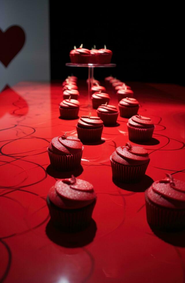 AI generated cupcakes in red velvet heart shape on table photo