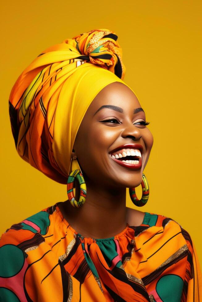 AI generated a smiling, colorful african woman wearing a head scarf photo