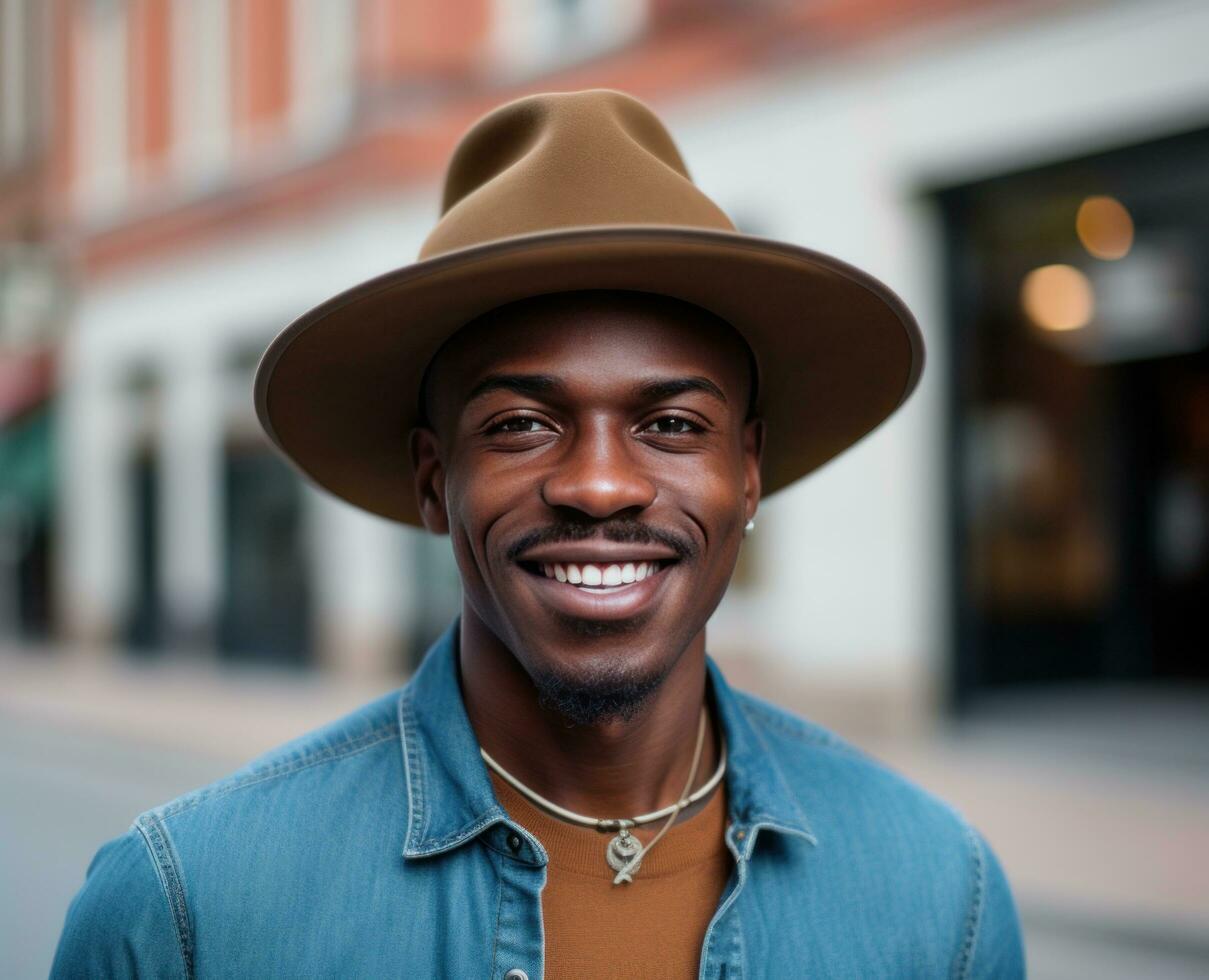 ai generado un negro hombre en un sombrero caras arriba a el cámara y intentos a sonrisa foto