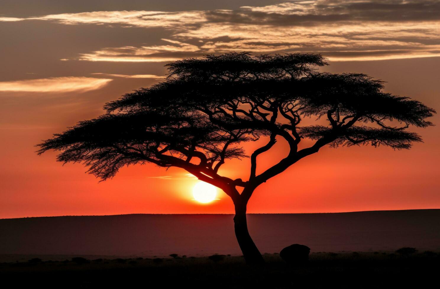 AI generated a black and white sunset scene with the silhouette of an acacia tree photo