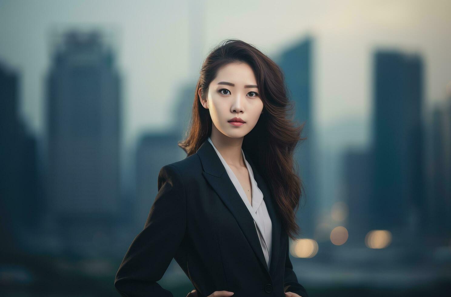 AI generated a young business woman standing in front of a city background photo