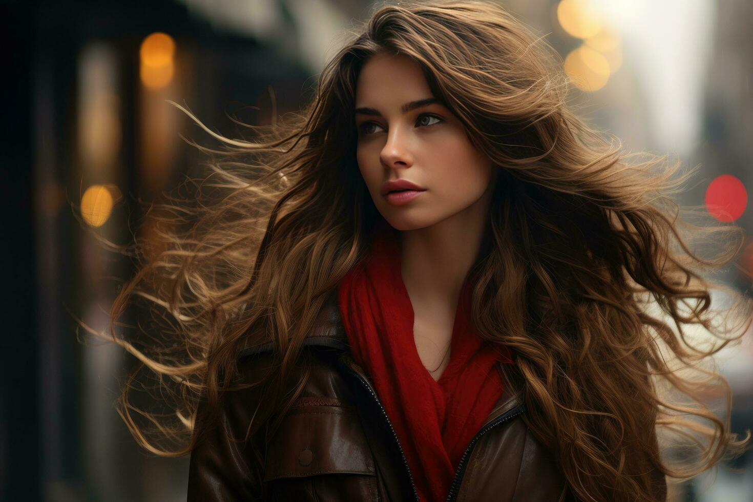AI generated a woman with long hair is walking on the street photo