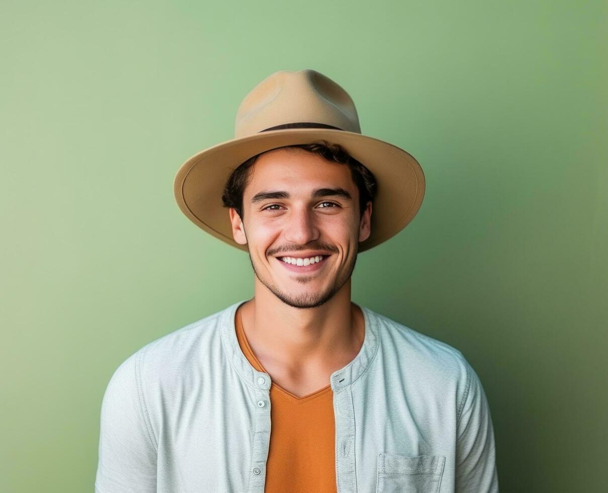 AI generated a young man wearing a hat is looking in the direction of his camera photo