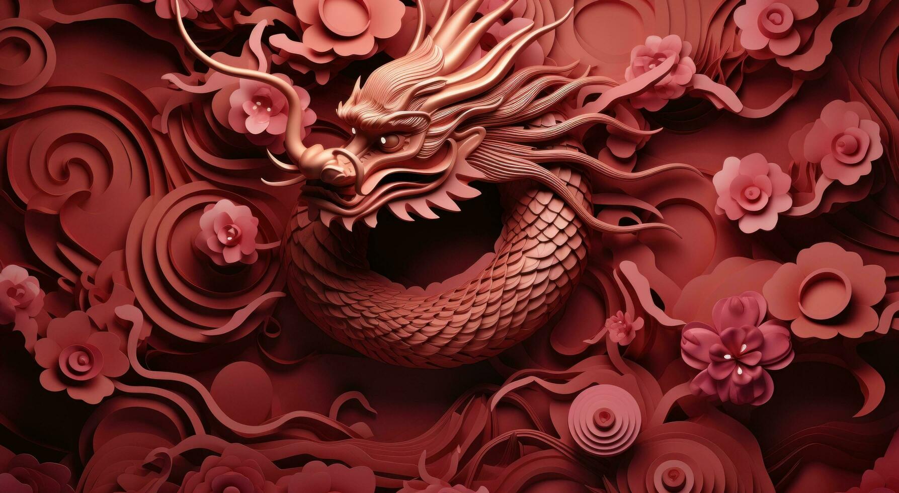 AI generated an abstract red dragon surrounded by paper decor photo