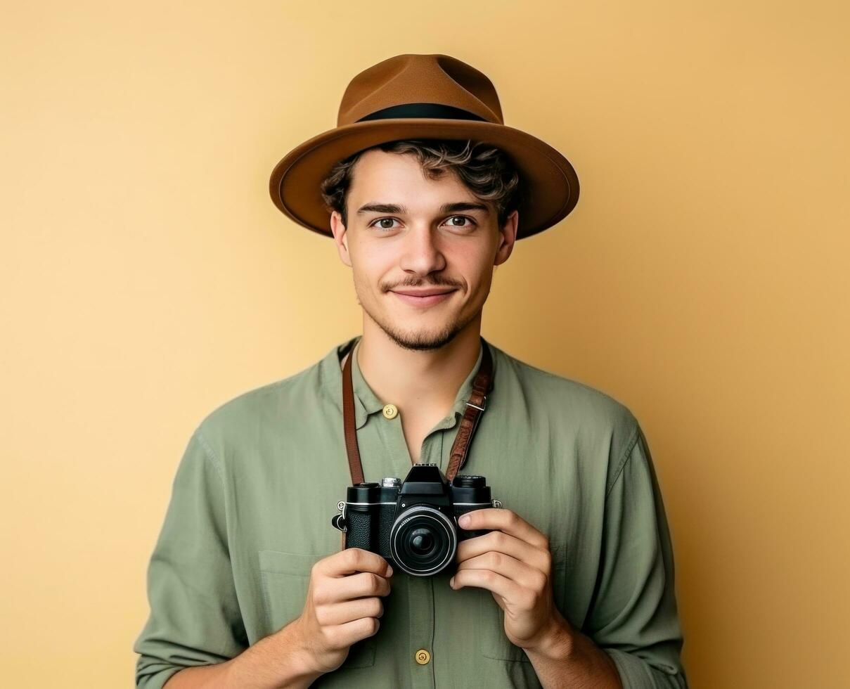 AI generated a young man wearing a hat is looking in the direction of his camera photo