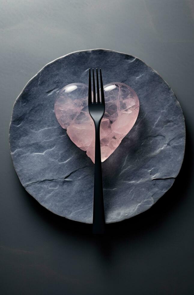 AI generated an empty plate with a pink heart on it and a fork and knife on the top photo