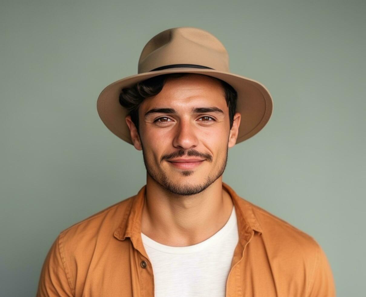 AI generated a young man wearing a hat is looking in the direction of his camera photo