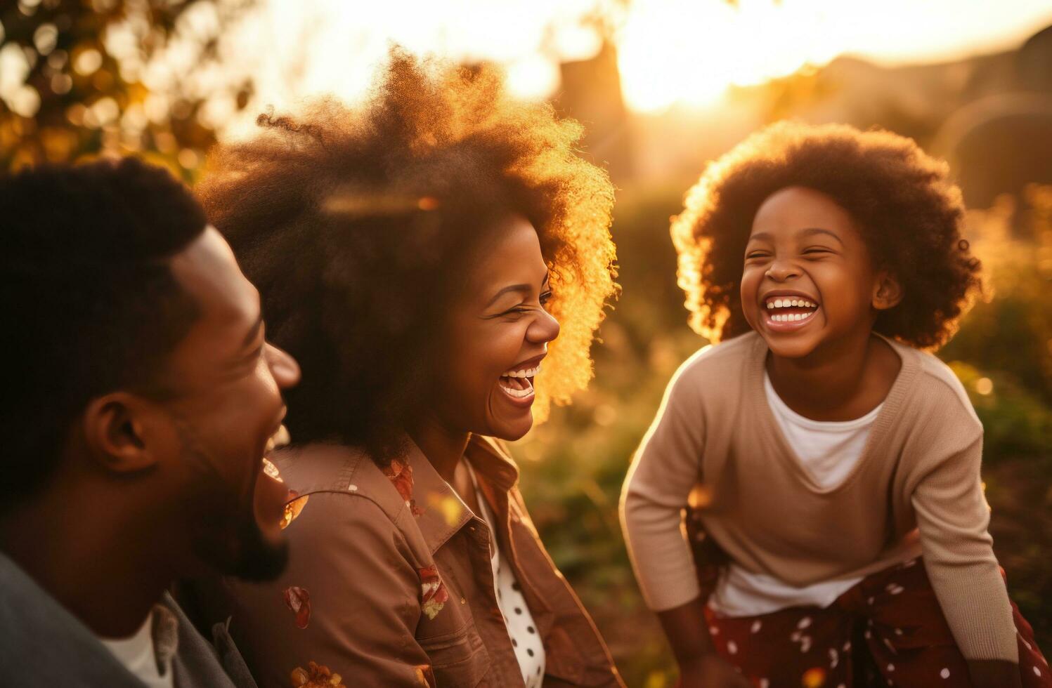 AI generated an african american family laughing together at sunset photo