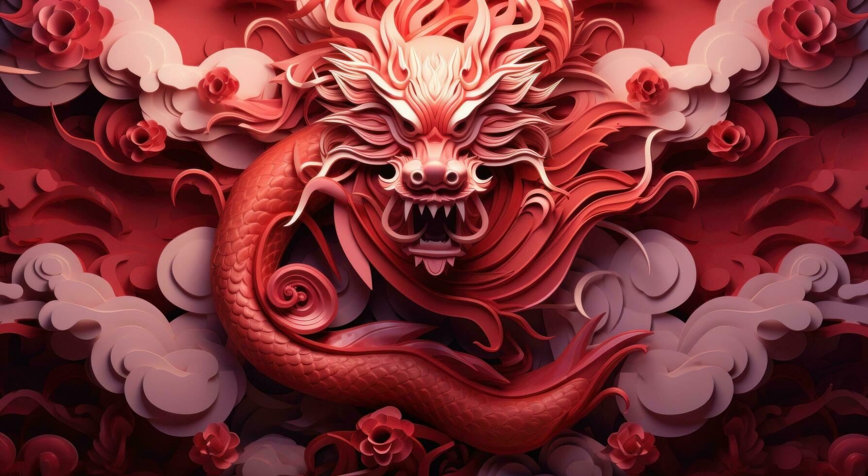 AI generated an abstract red dragon surrounded by paper decor photo