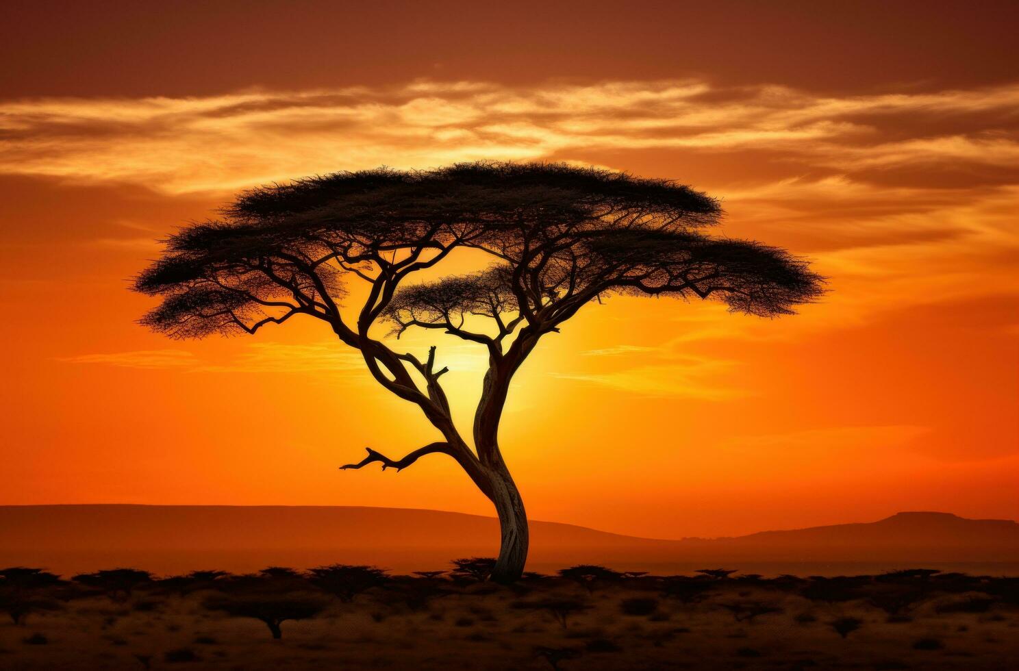 ai generado un silueta acacia árbol en contra el cielo foto