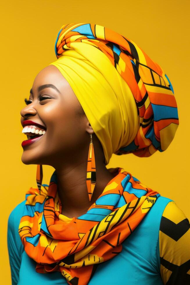 AI generated a smiling, colorful african woman wearing a head scarf photo