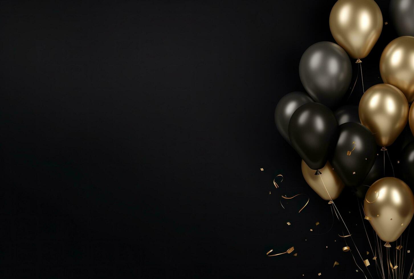 AI generated black background frame with gold and black balloons photo