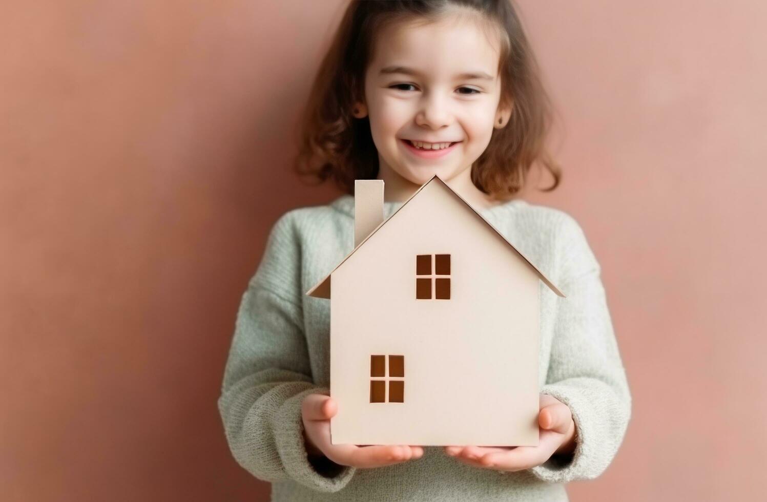 AI generated child holds paper cardboard house after moving in to a new home photo