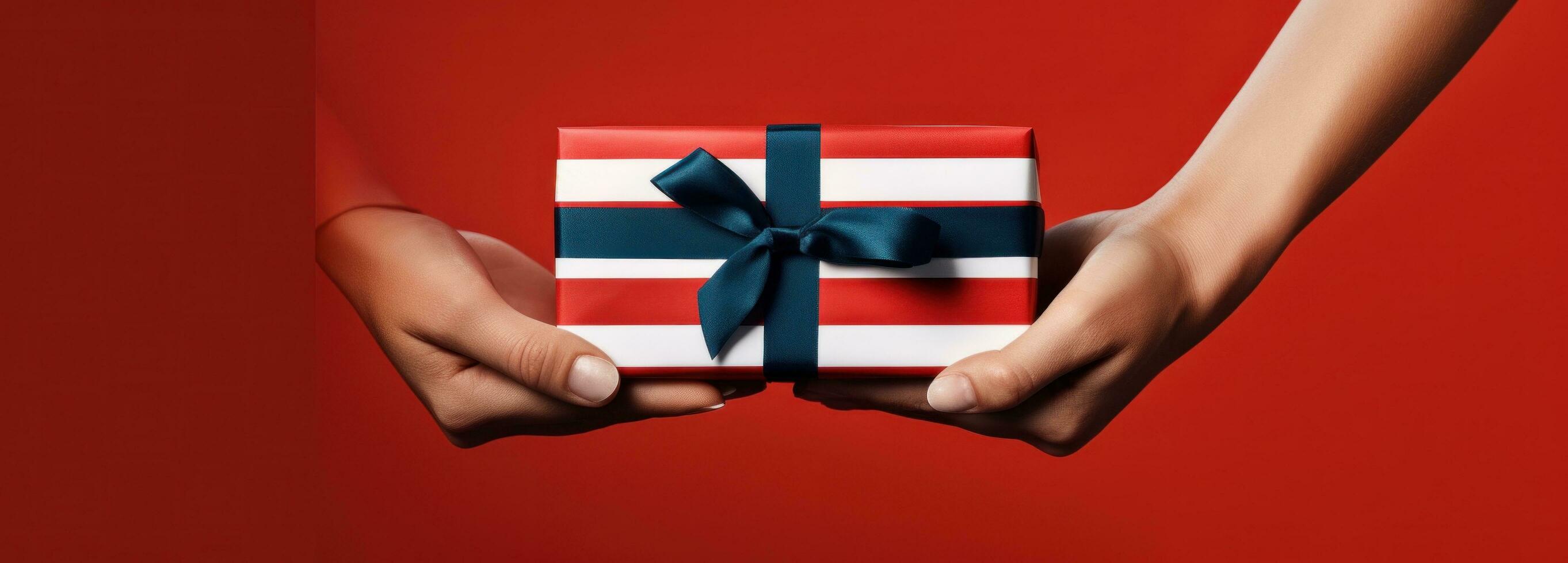 AI generated christmas gift wrapping package with striped ribbon by lady hands photo