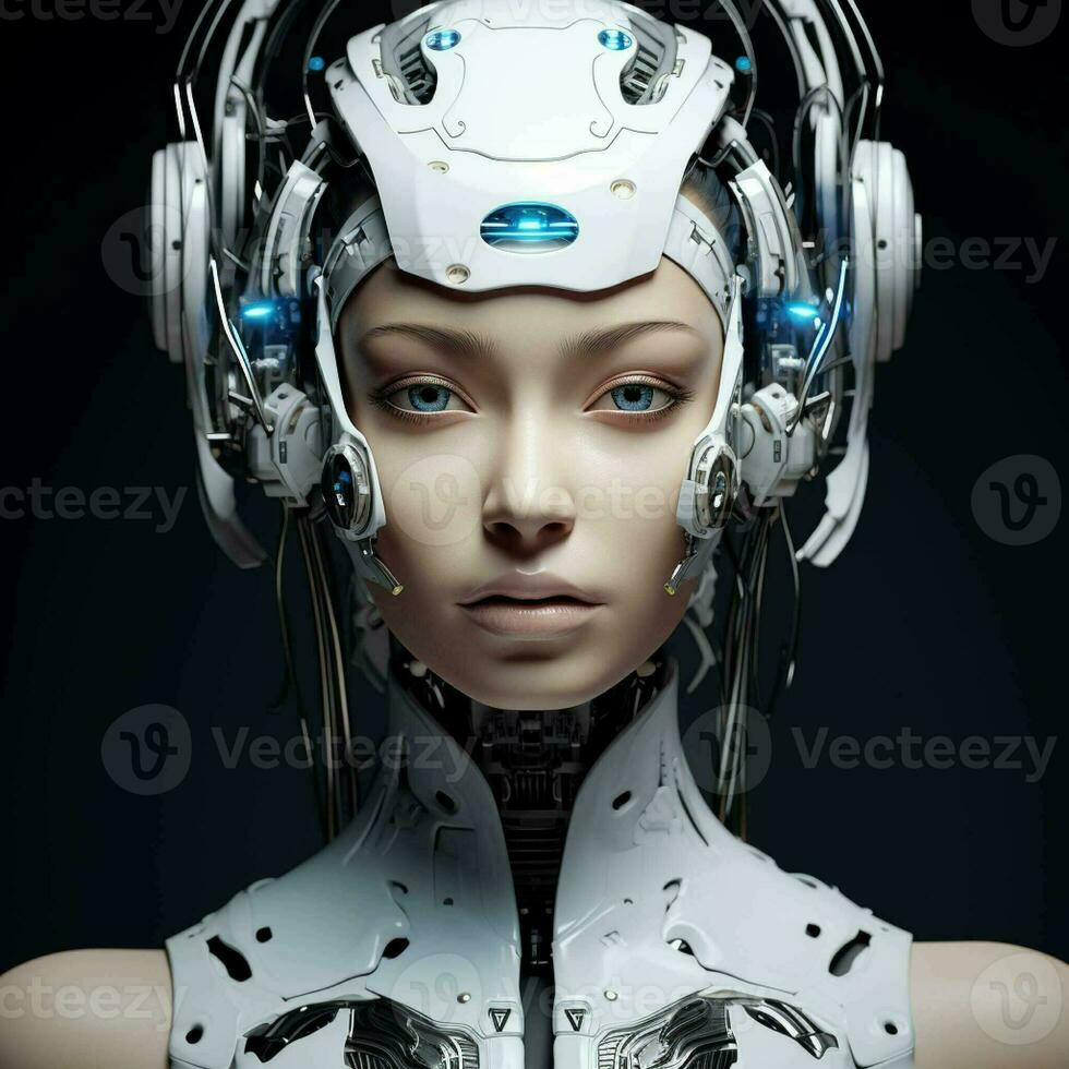 AI generated 3d rendering robot. 3D rendering head portrait of a robot woman. Robot or cyborg woman on dark background. Artificial intelligence concept. photo