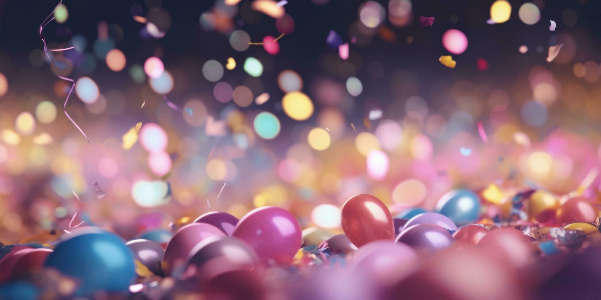 AI generated colorful floaty bubble confetti birthday present with pink ribbons photo