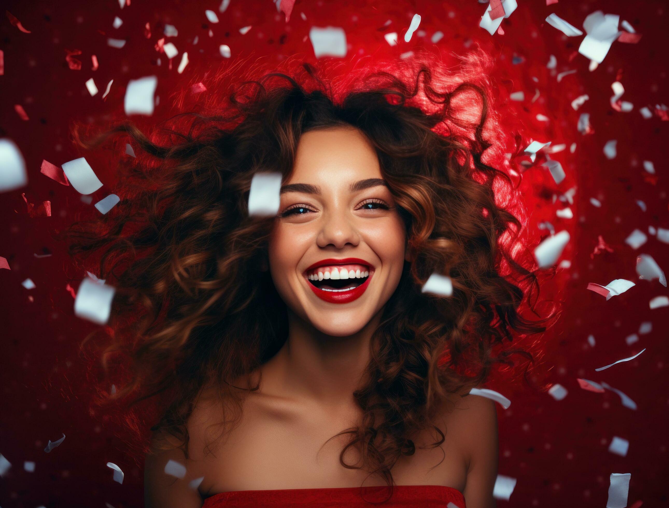 AI generated attractive young woman smiling with confetti in her hair
